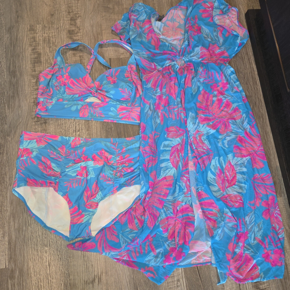 Torrid Blue and Pink Floral Swimwear With Coverup